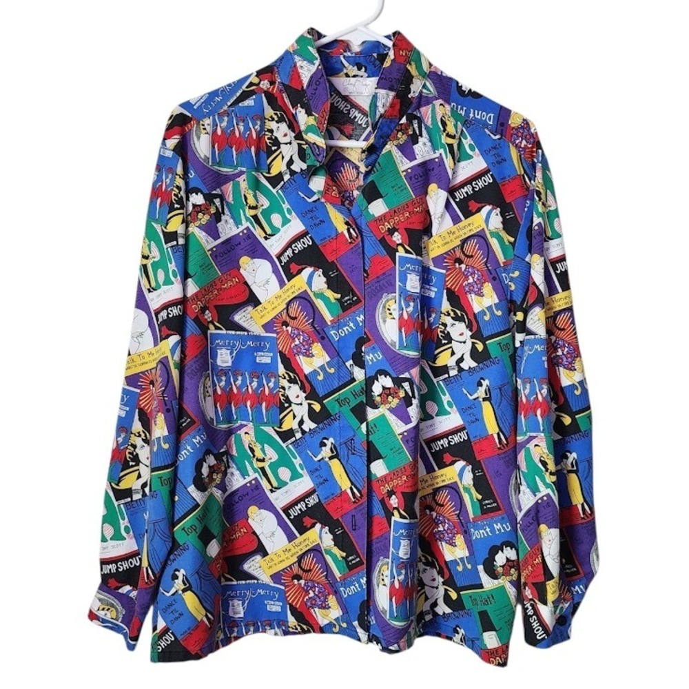 CHERYL TIEGS Vintage 80s Playbill Print Blouse Long Sleeve Button Up USA 16